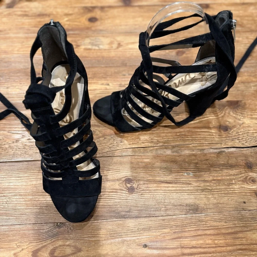 Sam Edelman Yarina Black Strappy 4” Chunky Heel‎ Leather Sandals Women’s 7.5 EUC